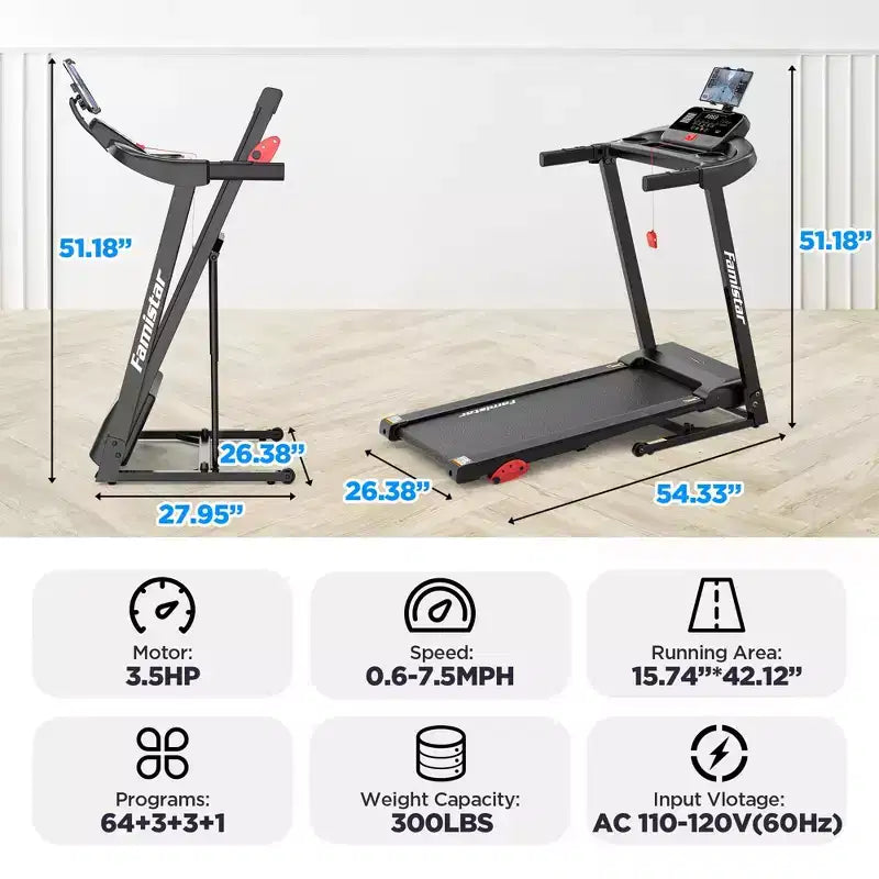 Treadmill for Home,Portable Folding Exercise Treadmill w/ Adjustable Incline,APP Control,64 Programs, 300 lb Capacity, 7.5MPH,Running Walking Jogging