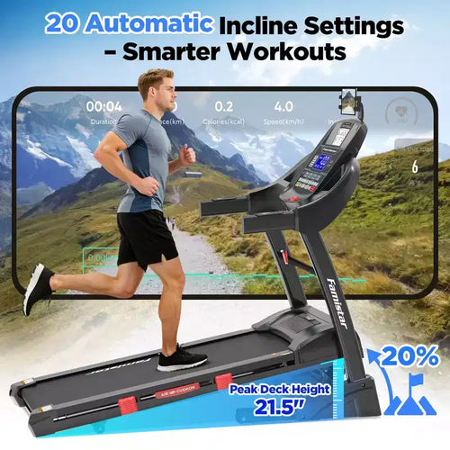 Tapis roulant pieghevole da 5.0HP per casa con 20 livelli di inclinazione automatica, APP intelligente, 300 libbre, altoparlanti Bluetooth HiFi, 64 programmi, velocità 12MPH, macchina da corsa pieghevole