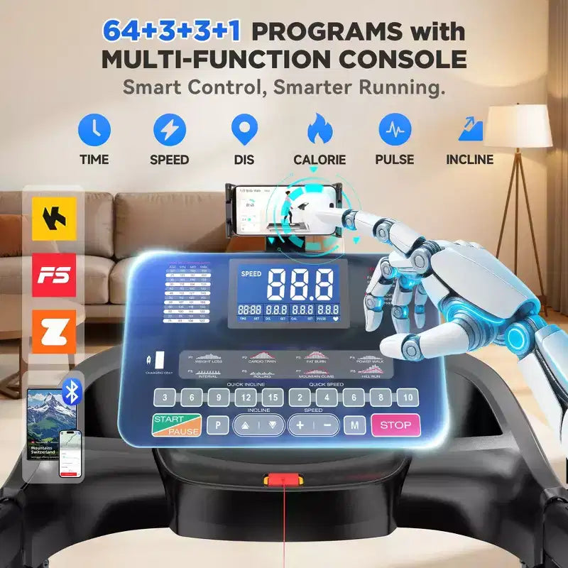 Tapis roulant pieghevole da 5.0HP per casa con 20 livelli di inclinazione automatica, APP intelligente, 300 libbre, altoparlanti Bluetooth HiFi, 64 programmi, velocità 12MPH, macchina da corsa pieghevole