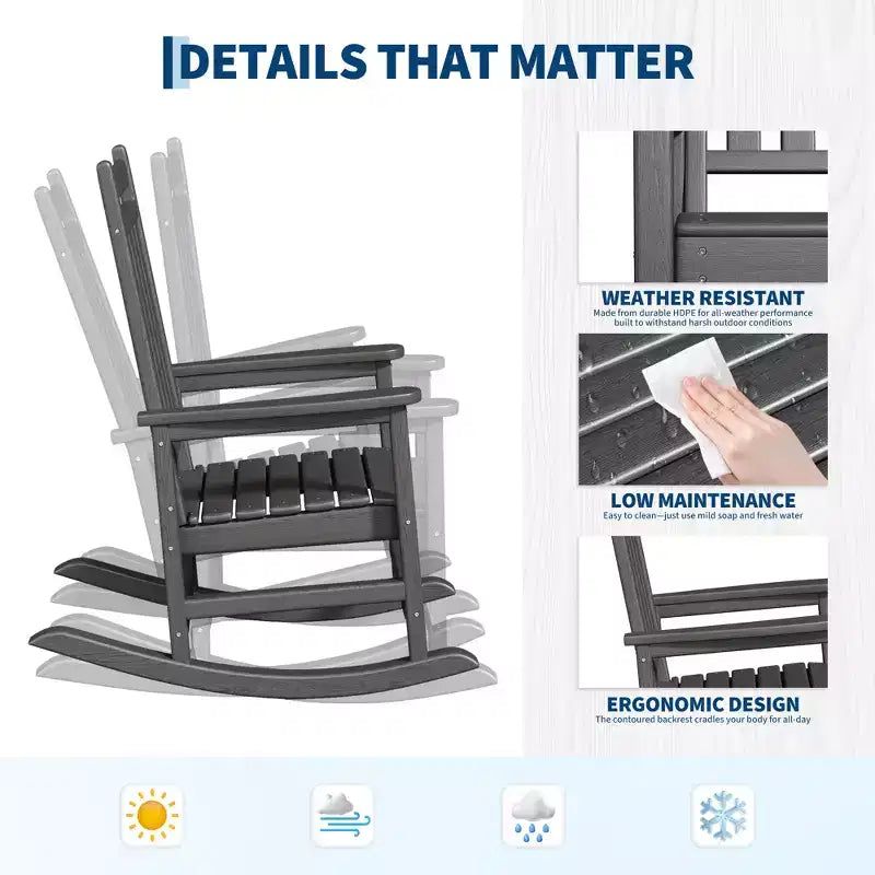 HDPE Rocking Chairs, All-Weather High Back Outdoor Rockers, Poly Lumber Patio Furniture for Porch & Garden, White