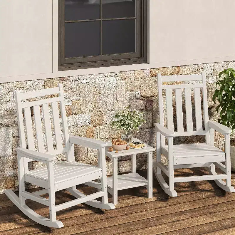 Sedie a dondolo in HDPE, Dondoli da esterno per tutte le stagioni con schienale alto, Arredamento da patio in poly wood per portico e giardino, Bianco