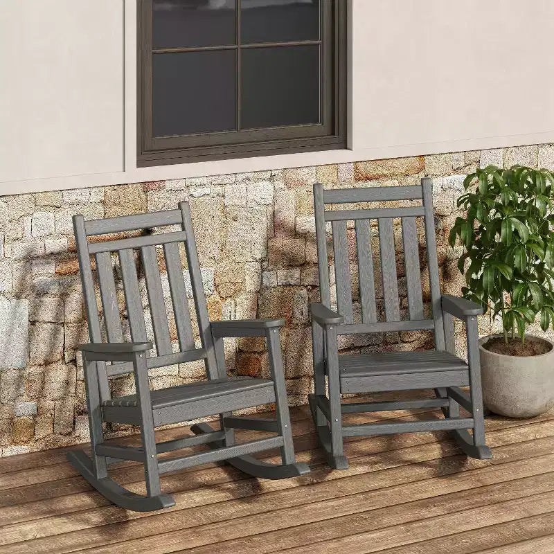 Sedie a dondolo in HDPE, Dondoli da esterno per tutte le stagioni con schienale alto, Arredamento da patio in poly wood per portico e giardino, Bianco