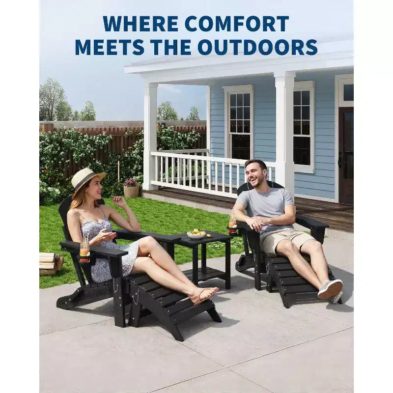 Folding Adirondack Chairs, All-Weather HDPE Outdoor Seating with Wood Texture & Cup Holders for Patio, Fire Pit, and Garden,White