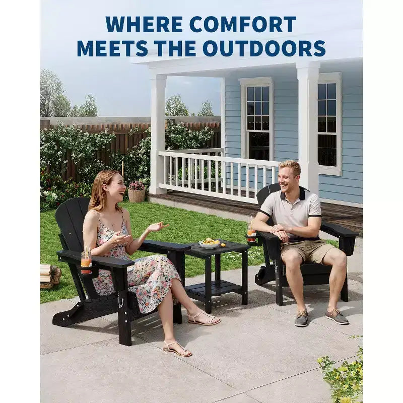Folding Adirondack Chairs, All-Weather HDPE Outdoor Seating with Wood Texture & Cup Holders for Patio, Fire Pit, and Garden,White