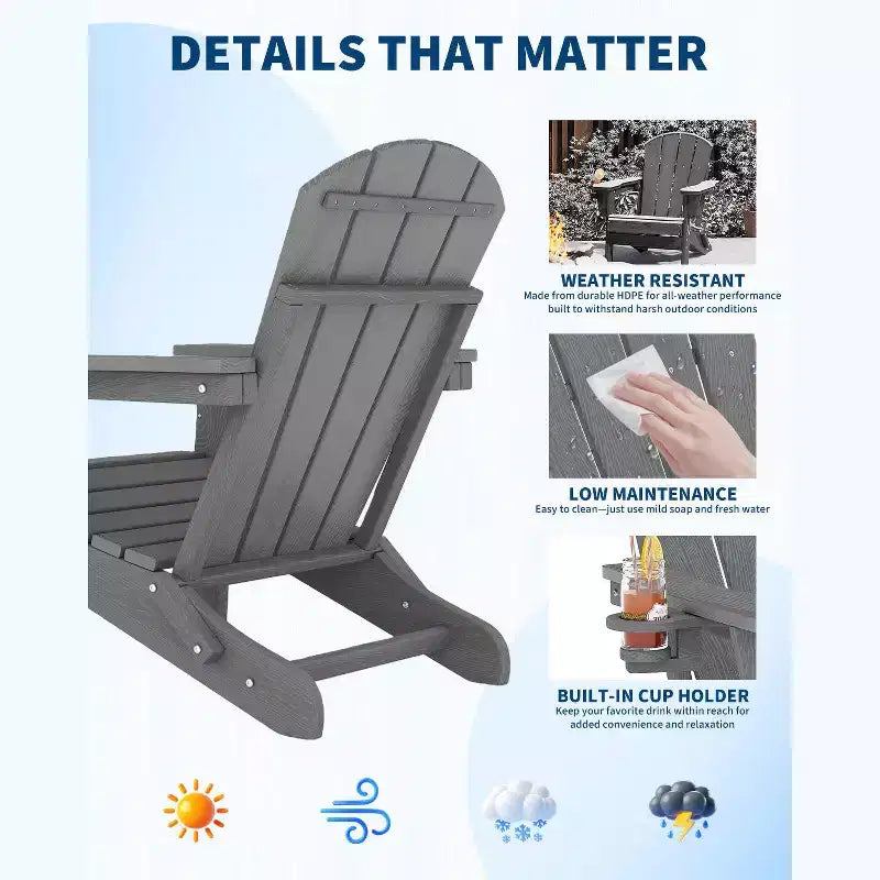 Folding Adirondack Chairs, All-Weather HDPE Outdoor Seating with Wood Texture & Cup Holders for Patio, Fire Pit, and Garden,White