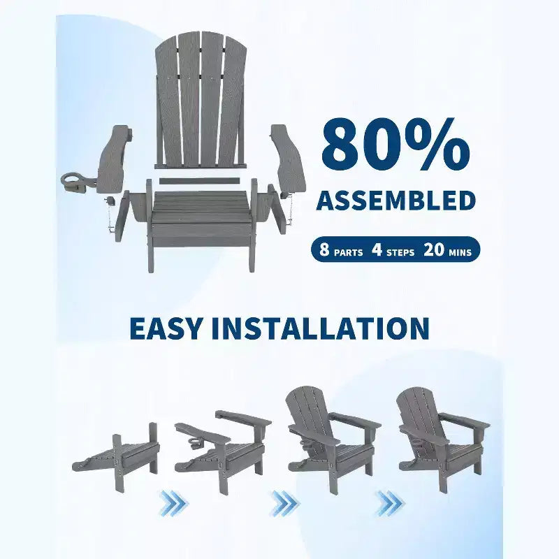 Folding Adirondack Chairs, All-Weather HDPE Outdoor Seating with Wood Texture & Cup Holders for Patio, Fire Pit, and Garden,White