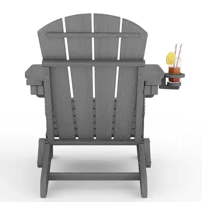 Folding Adirondack Chairs, All-Weather HDPE Outdoor Seating with Wood Texture & Cup Holders for Patio, Fire Pit, and Garden,White