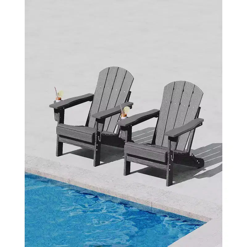 Folding Adirondack Chairs, All-Weather HDPE Outdoor Seating with Wood Texture & Cup Holders for Patio, Fire Pit, and Garden,White