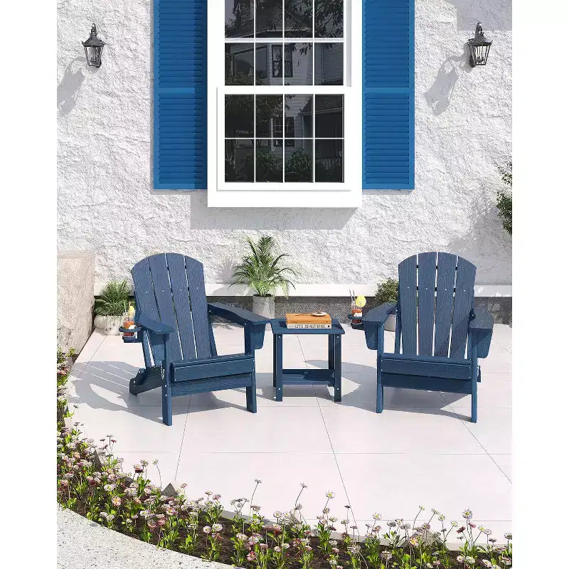 Folding Adirondack Chairs, All-Weather HDPE Outdoor Seating with Wood Texture & Cup Holders for Patio, Fire Pit, and Garden,White