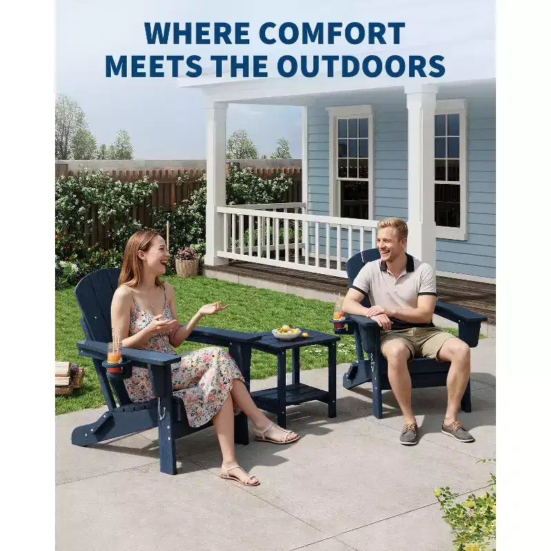Folding Adirondack Chairs, All-Weather HDPE Outdoor Seating with Wood Texture & Cup Holders for Patio, Fire Pit, and Garden,White