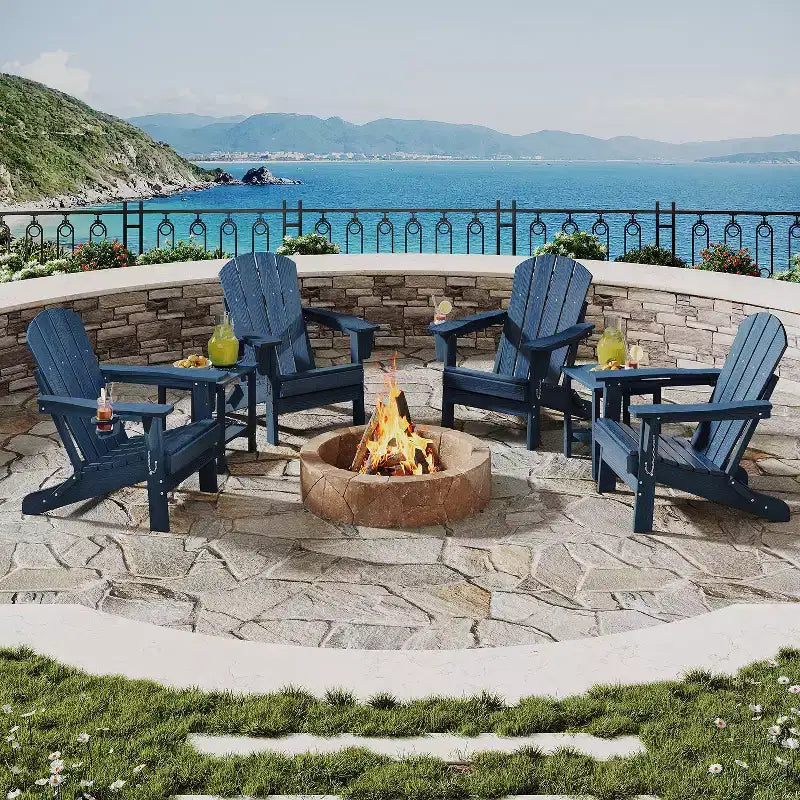 Folding Adirondack Chairs, All-Weather HDPE Outdoor Seating with Wood Texture & Cup Holders for Patio, Fire Pit, and Garden,White