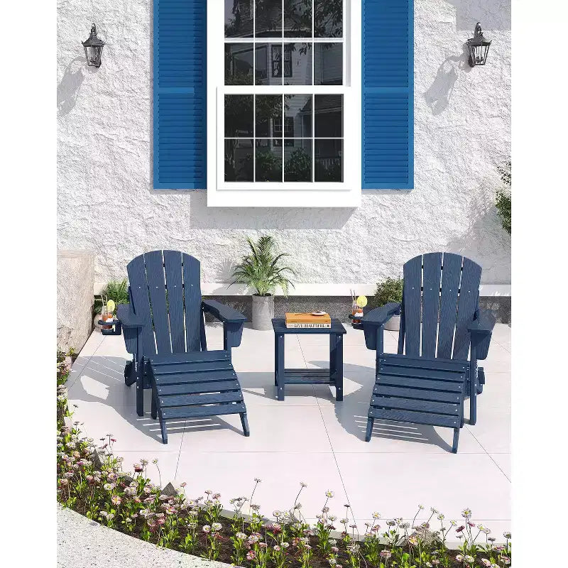 Folding Adirondack Chairs, All-Weather HDPE Outdoor Seating with Wood Texture & Cup Holders for Patio, Fire Pit, and Garden,White