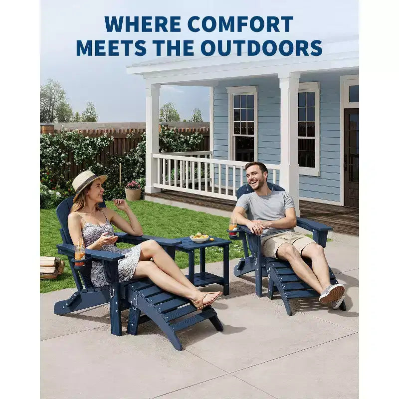 Folding Adirondack Chairs, All-Weather HDPE Outdoor Seating with Wood Texture & Cup Holders for Patio, Fire Pit, and Garden,White
