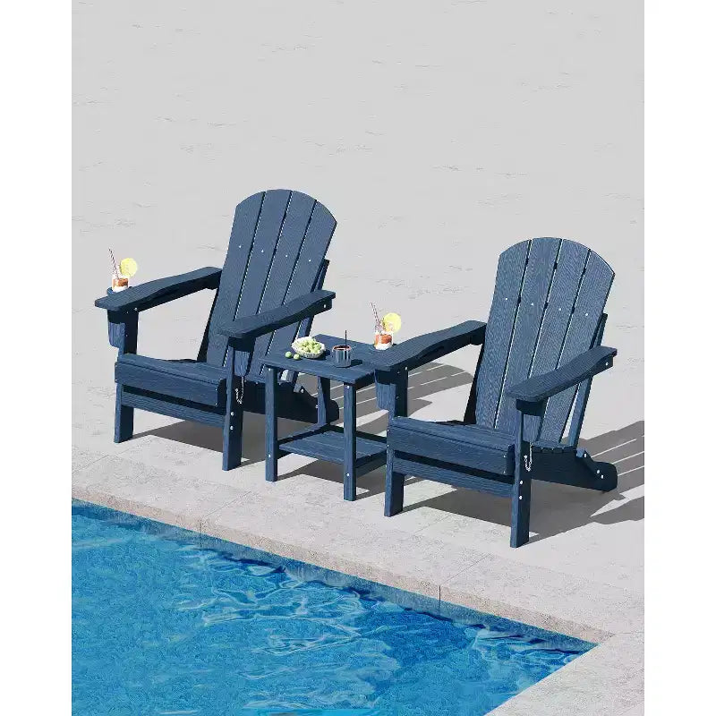 Folding Adirondack Chairs, All-Weather HDPE Outdoor Seating with Wood Texture & Cup Holders for Patio, Fire Pit, and Garden,White