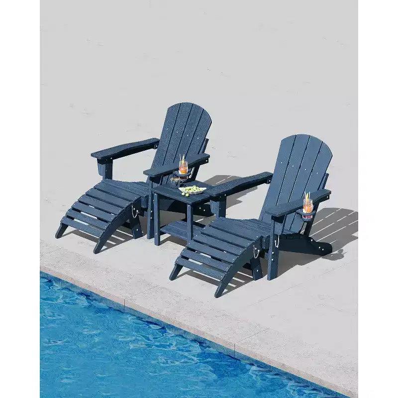 Folding Adirondack Chairs, All-Weather HDPE Outdoor Seating with Wood Texture & Cup Holders for Patio, Fire Pit, and Garden,White