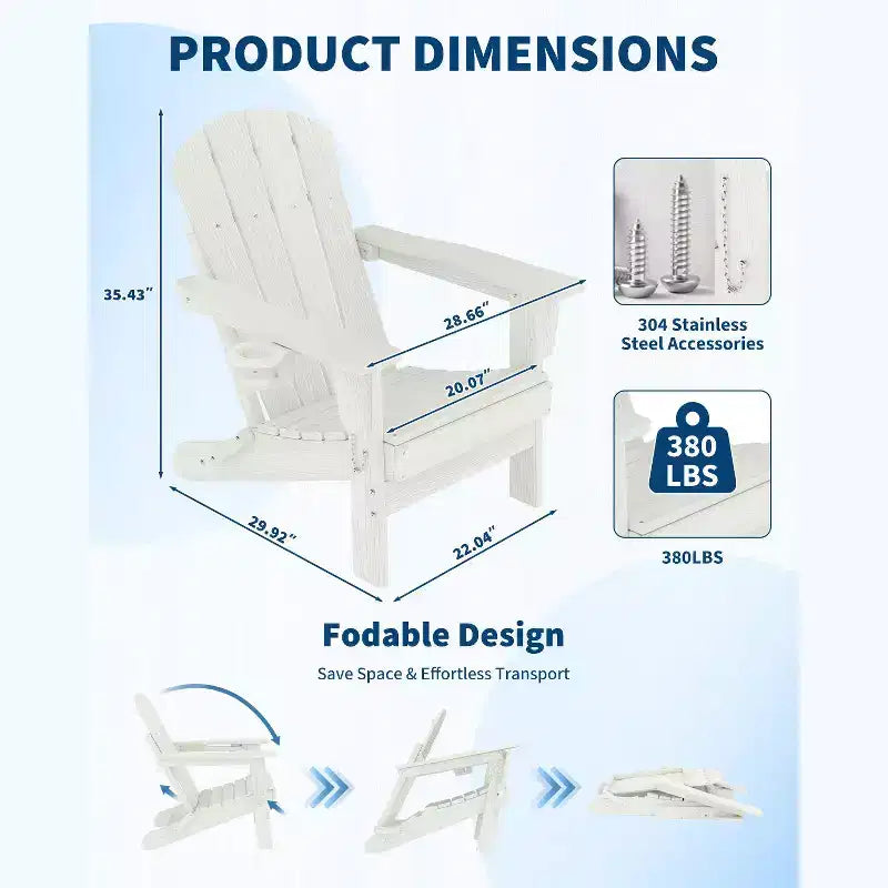 Folding Adirondack Chairs, All-Weather HDPE Outdoor Seating with Wood Texture & Cup Holders for Patio, Fire Pit, and Garden,White