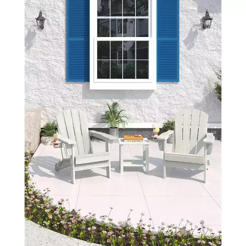 Folding Adirondack Chairs, All-Weather HDPE Outdoor Seating with Wood Texture & Cup Holders for Patio, Fire Pit, and Garden,White