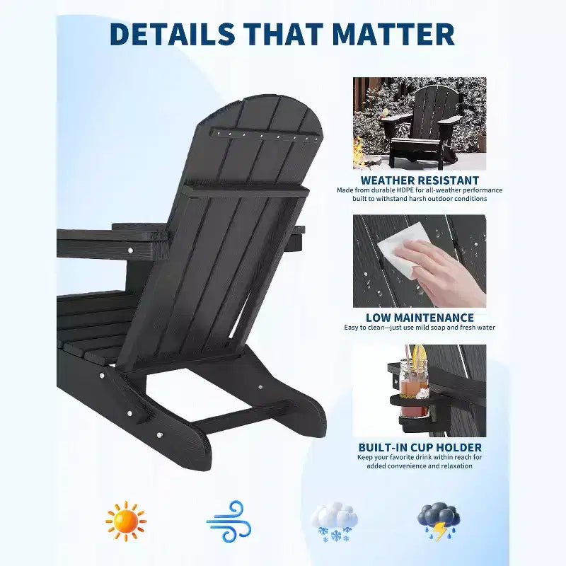 Folding Adirondack Chairs, All-Weather HDPE Outdoor Seating with Wood Texture & Cup Holders for Patio, Fire Pit, and Garden,White