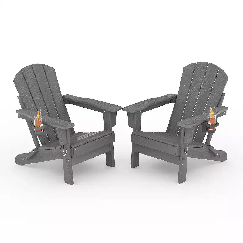 Sedie Adirondack pieghevoli, sedute da esterno in HDPE per tutte le stagioni con texture effetto legno e portabicchieri per patio, braciere e giardino, bianco