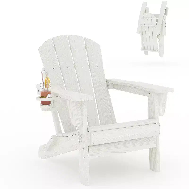 Sedie Adirondack pieghevoli, sedute da esterno in HDPE per tutte le stagioni con texture effetto legno e portabicchieri per patio, braciere e giardino, bianco