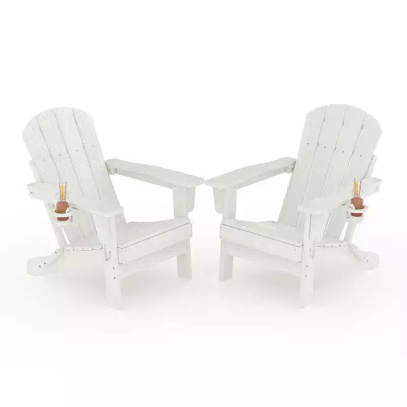 Sedie Adirondack pieghevoli, sedute da esterno in HDPE per tutte le stagioni con texture effetto legno e portabicchieri per patio, braciere e giardino, bianco