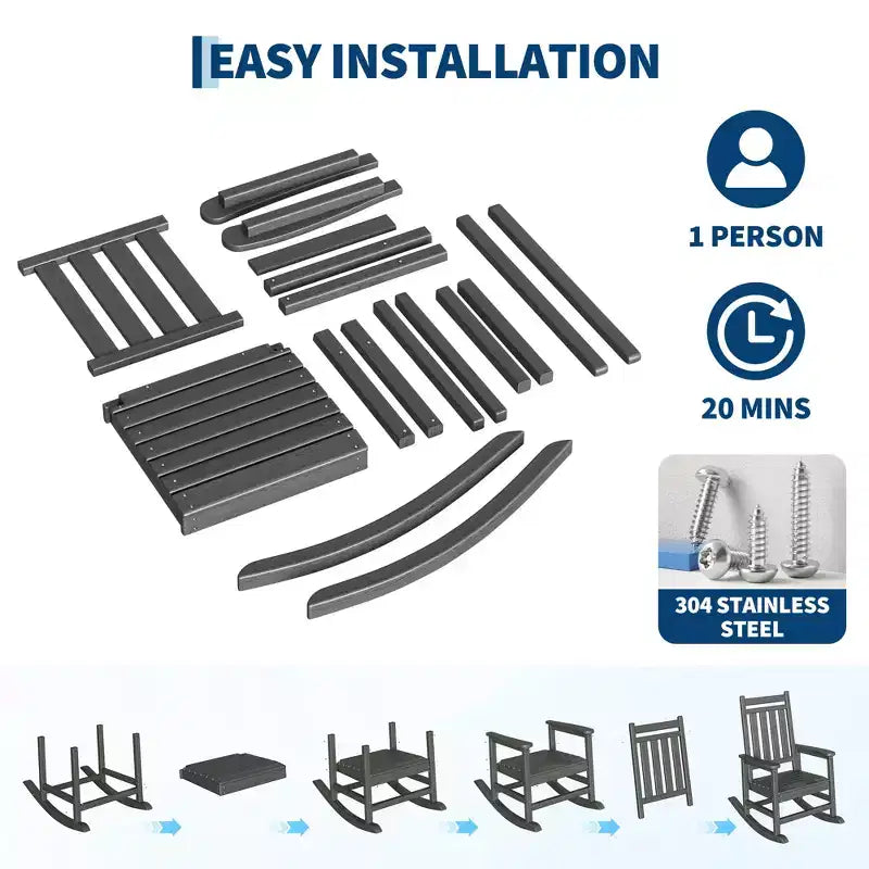 Sedia a Dondolo da Esterno, Dondolo Alto per Tutte le Condizioni Atmosferiche in HDPE e Arredamento in Poly Legno per Patio e Portico, Grigio