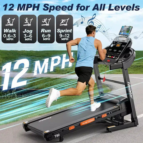 Tapis roulant da 5.0HP con inclinazione del 20%, macchina da corsa pieghevole per la casa con capacità di 400 libbre, velocità massima 12 MPH, 105 programmi, assorbimento degli urti