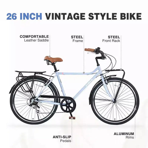 Bicicletta Cruiser Vintage da 24/26 Pollici per Uomini e Donne, Bici da Pendolare da Città a Velocità Singola/7 con Portapacchi Posteriore, Colori Multipli