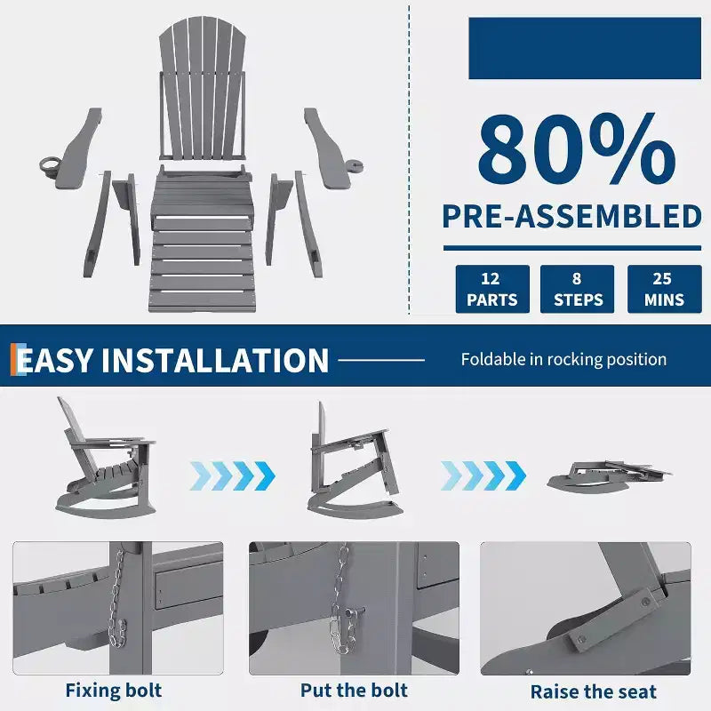 Sedia a dondolo Adirondack da esterno per portico, sedia a dondolo Adirondack pieghevole con due portabicchieri, sedia a dondolo Adirondack da esterno in HDPE per tutte le stagioni
