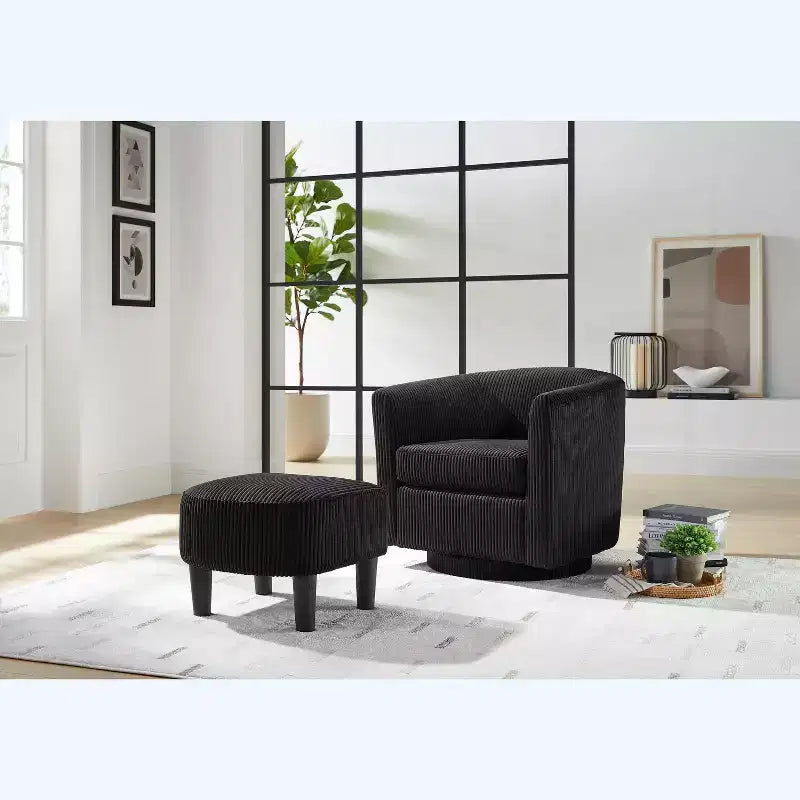 Swivel Accent Chair, Modern Swivel Chair with Ottoman, Comfortable Living Room Chairs Upholstered Armchairs 360 Degree Swivel Barrel Round