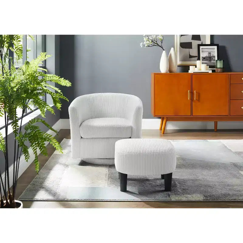 Swivel Accent Chair, Modern Swivel Chair with Ottoman, Comfortable Living Room Chairs Upholstered Armchairs 360 Degree Swivel Barrel Round