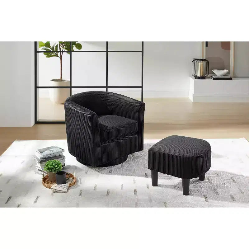 Swivel Accent Chair, Modern Swivel Chair with Ottoman, Comfortable Living Room Chairs Upholstered Armchairs 360 Degree Swivel Barrel Round