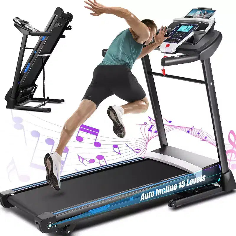 Tapis roulant KRISRATE con inclinazione automatica del 15% e ampio display LED e app intelligente e altoparlante Bluetooth, tapis roulant pieghevole per uso intensivo da 4,5 HP per palestra domestica