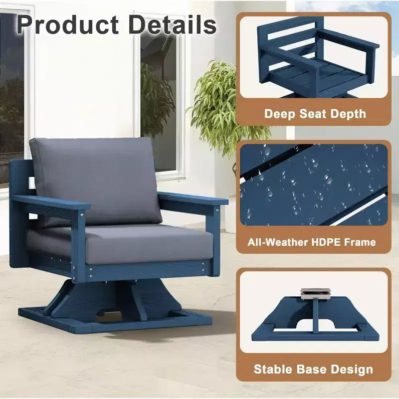 Hyleory Sedia Girevole da Giardino in HDPE con Cuscino Premium, Sedia da Esterno per Tutte le Stagioni per un Comfort Ottimale
