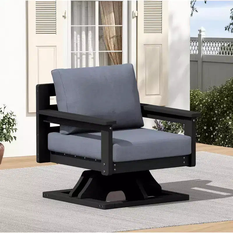 Hyleory Sedia Girevole da Giardino in HDPE con Cuscino Premium, Sedia da Esterno per Tutte le Stagioni per un Comfort Ottimale