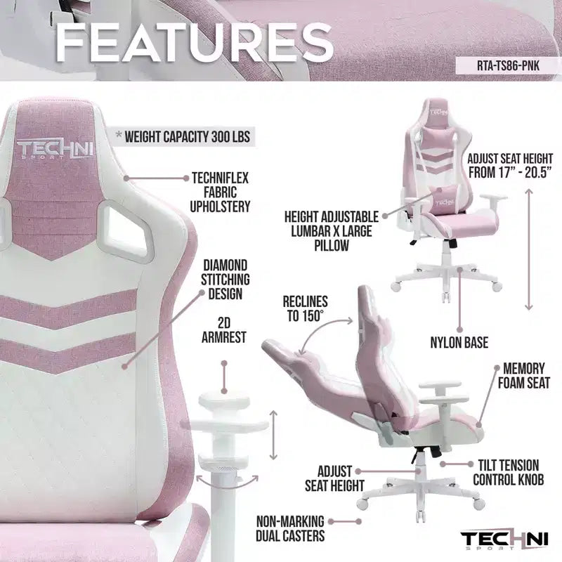 TUYOHW 300lbs Swivel Gaming Chair with Adjustable Height,Lumbar&Head Pillow,Wheels,Ergonomics Office Chairs Video Game Chaise for Office&Home