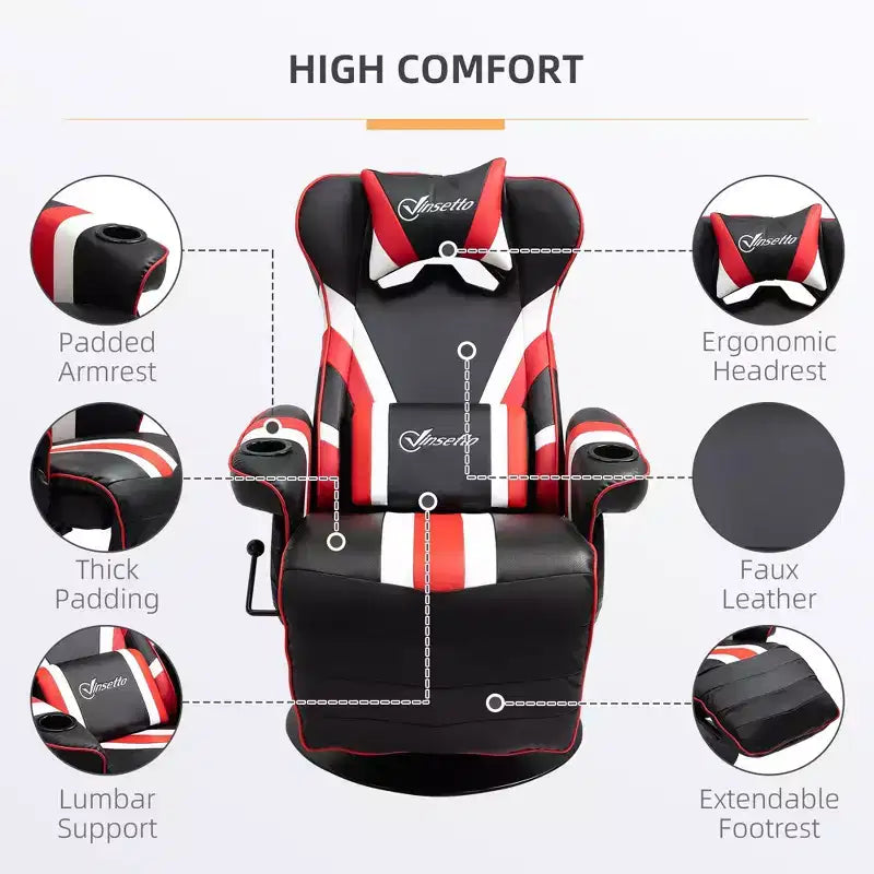 TUYOHW 90-130 Poltrona reclinabile da gaming con base girevole e portabicchieri, sedia da ufficio girevole a 360° per videogiochi con cuscino poggiatesta e lombare, poggiapiedi