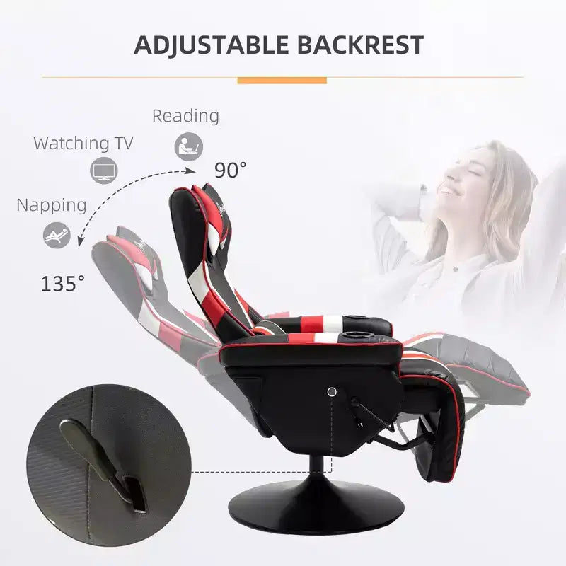 TUYOHW 90-130 Poltrona reclinabile da gaming con base girevole e portabicchieri, sedia da ufficio girevole a 360° per videogiochi con cuscino poggiatesta e lombare, poggiapiedi