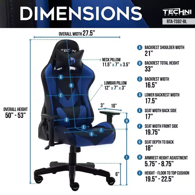 TUYOHW Sedia da gaming ergonomica regolabile, sedia da ufficio girevole a 360° con cuscino per testa e lombare, sedia reclinabile da 90-150° per ufficio e casa, max 113 kg, blu