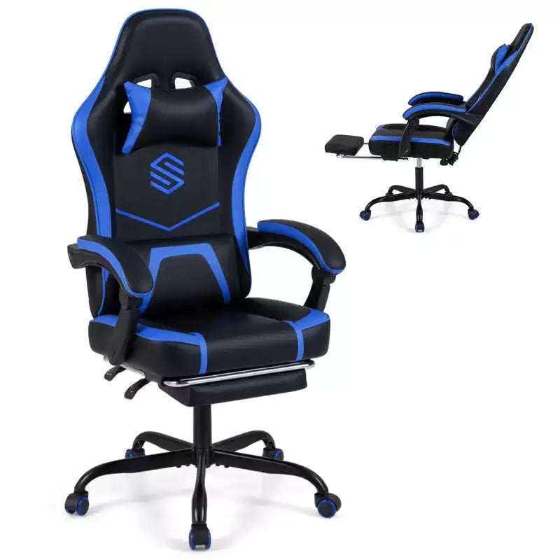 Sedia da Gaming Costway con Poggiatesta, Supporto Lombare, Braccioli a Collegamento, Schienale Reclinabile Bianco e Nero/Blu Marino e Nero