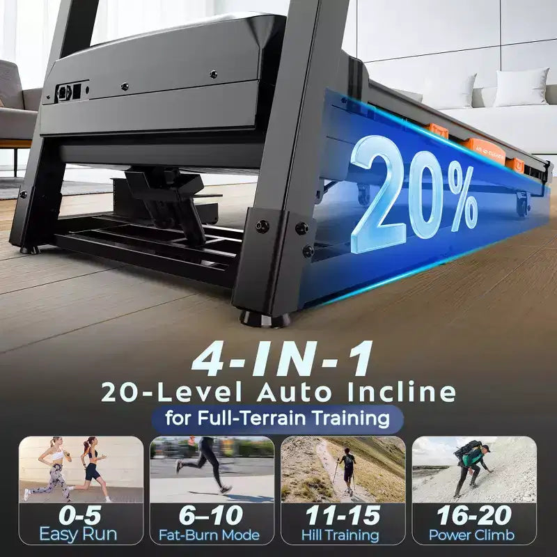 Tapis roulant pieghevole da 5,0 HP per casa con inclinazione automatica del 20%, tapis roulant con capacità di 180 kg, velocità massima di 19 km/h, 105 programmi, abilitato per app, altoparlanti Bluetooth