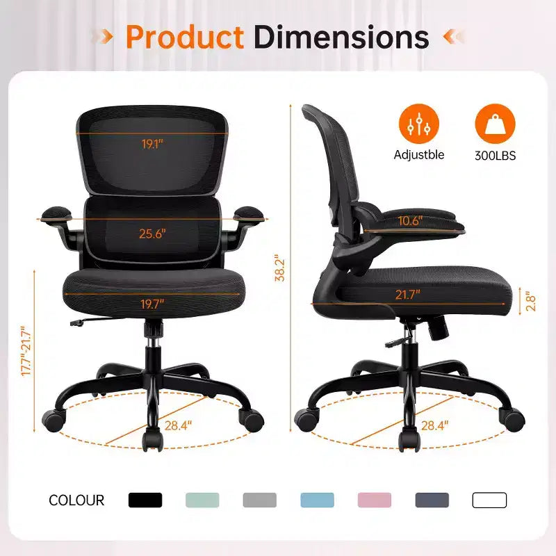 Sedia da ufficio KERDOM traspirante in mesh, comoda, con supporto lombare, braccioli ribaltabili, sedia da gaming