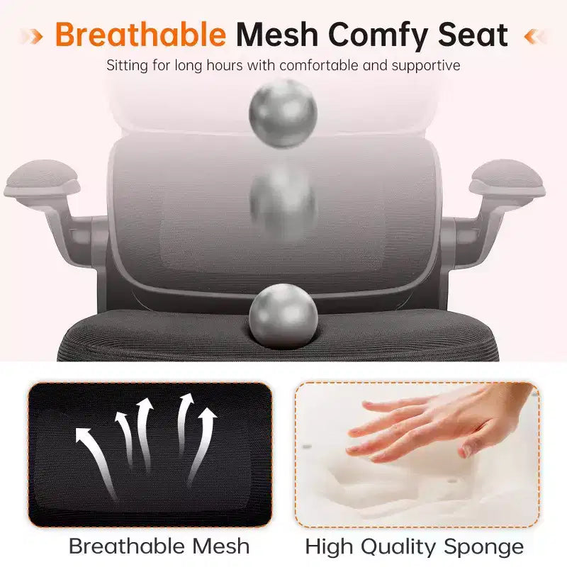 Sedia da ufficio KERDOM traspirante in mesh, comoda, con supporto lombare, braccioli ribaltabili, sedia da gaming