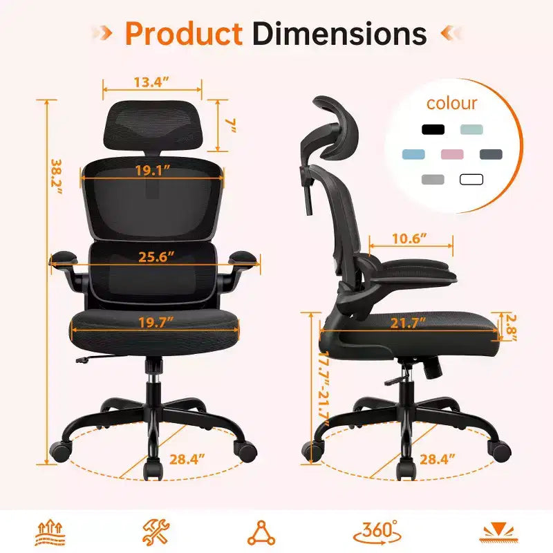 Sedia da ufficio KERDOM traspirante in mesh, comoda, con supporto lombare, braccioli ribaltabili, sedia da gaming