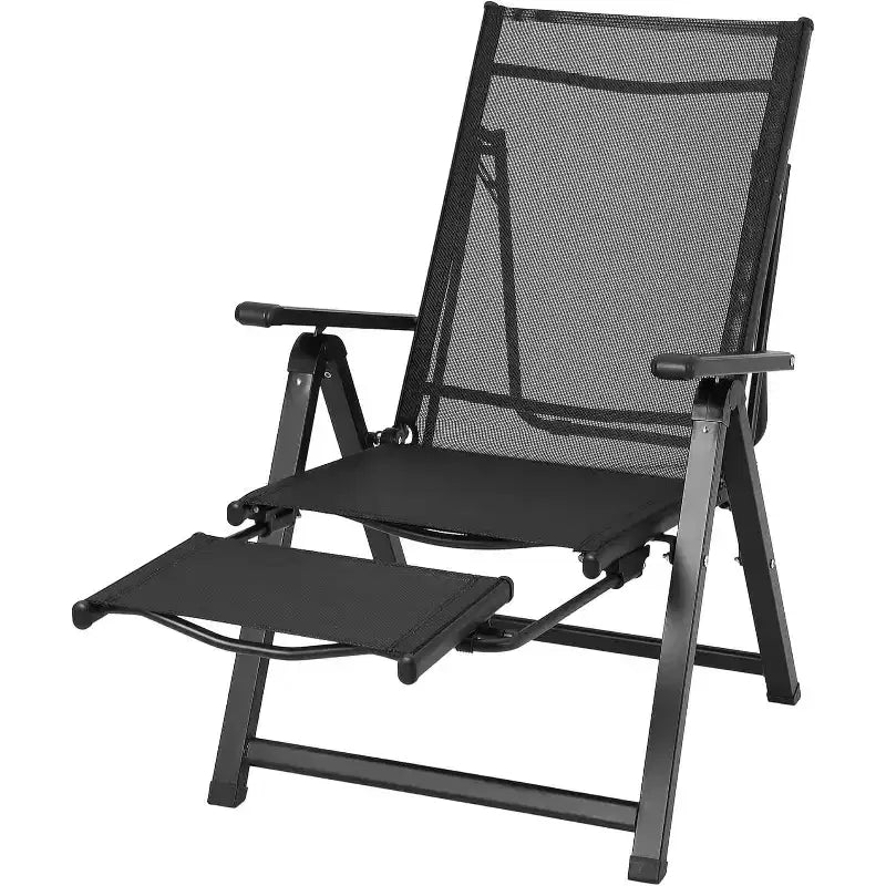 Acekool Outdoor Patio Folding Lounge Chair, Adjustable Reclining, Textilene Mesh, Armrests, Footrest, Black