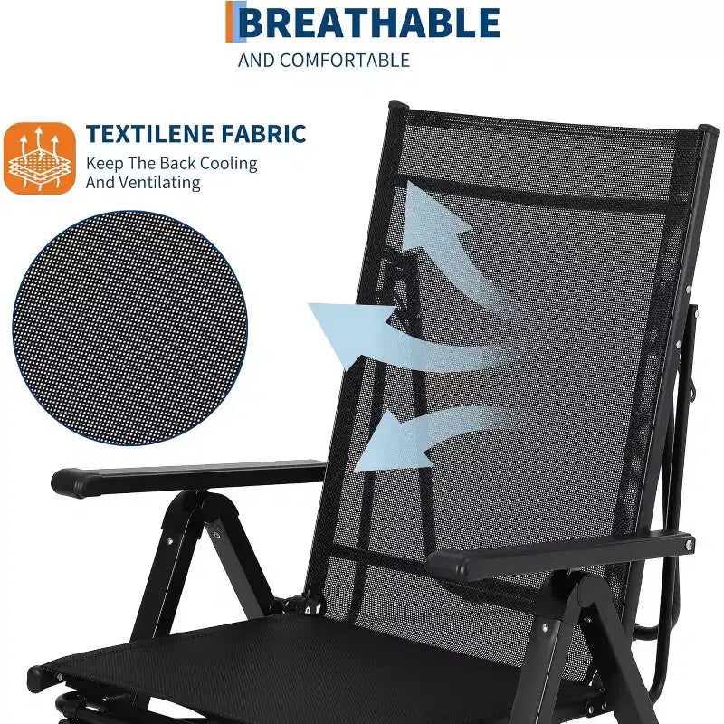 Acekool Outdoor Patio Folding Lounge Chair, Adjustable Reclining, Textilene Mesh, Armrests, Footrest, Black