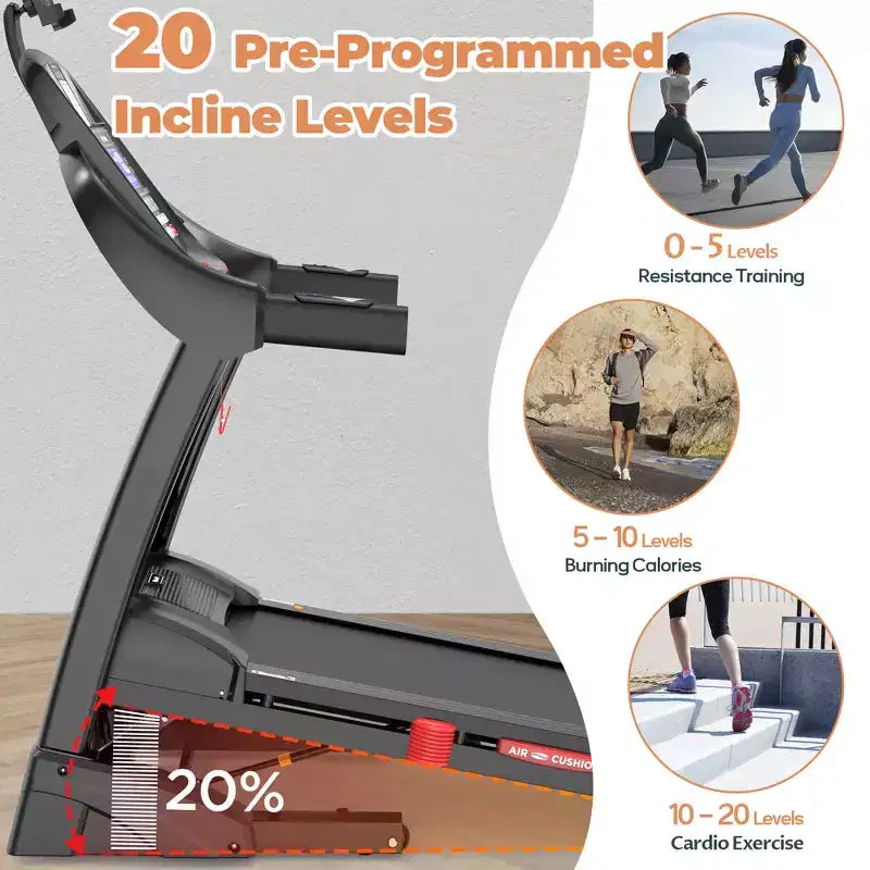 Tapis roulant pieghevole da 5HP con inclinazione automatica del 20%, tapis roulant da 400 libbre per la casa, controllo personalizzato tramite app, 71 programmi, velocità rapida di 12 MPH per intensità di allenamento varie
