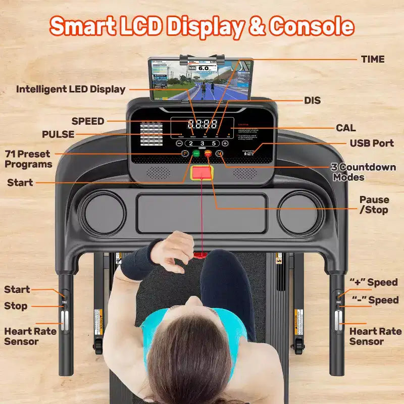 Inclined Treadmill w/ 300lb Capacity,3.75HP Folding Treadmill for Home,71 Program,APP Control,7.5MPH,HiFi Speaker,Shock-Absorbing, Knee Strap Gift