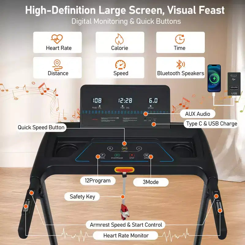 Whisen Tapis Roulant Pieghevole Silenzioso 3.0HP, Capacità 136 kg Tapis Roulant per Esercizi a Casa con Inclinazione, Sensori di Frequenza Cardiaca - Nero