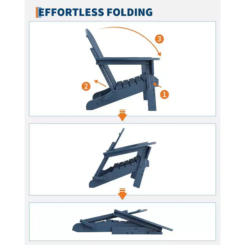 All-weather Outdoor Patio Chairs with Cup Holders, Foldable Wooden-textured Chairs, for Patios, Decks, Gardens, Navy Blue - 1 set